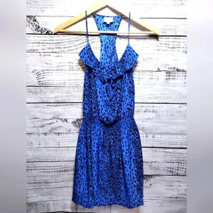 Parker Blue Leopard Silk Mini Dress Medium Racerback Ruffle